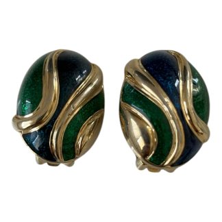 Clips boucles d'oreilles vintage émail vert et bleu