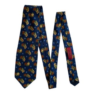 Cravate en soie Byzance fruits fraises framboise fond bleu marine